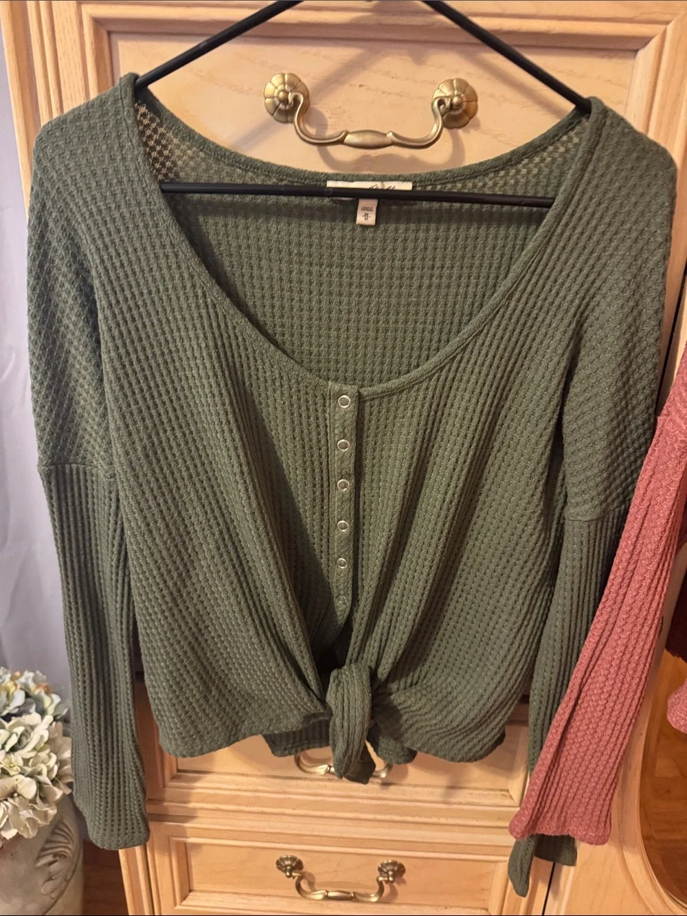 Express Waffle-Knit Tie-Front Tops - Olive Green & Mauve